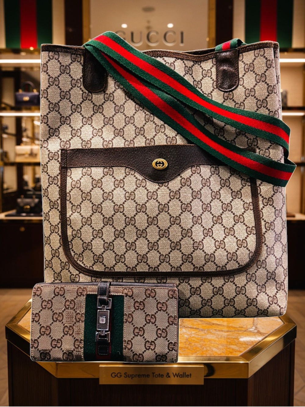Gucci Vintage Set Iconic GG Supreme Monogram Tote, Green Red Web Strap & Wallet